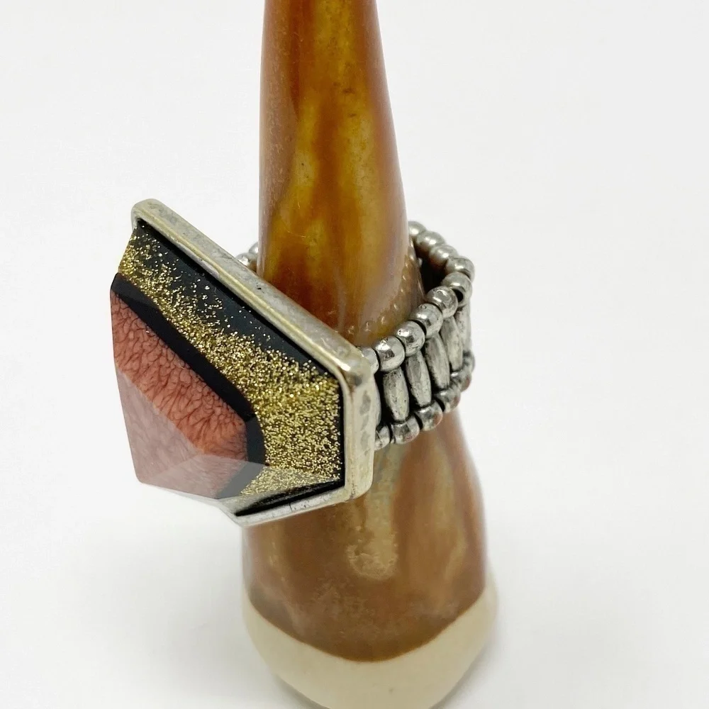 Large Coral + Gold shimmer stone ring